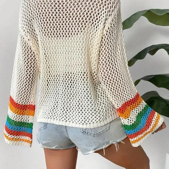 2. Crochet Open Front Cardigan, Long Sleeve Hollow Out Cardigan - Picture 5 of 6